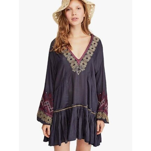 Free People Women's Black Drop Waist Embroidered Mini Dress Bohemian Sz S - Picture 6 of 9